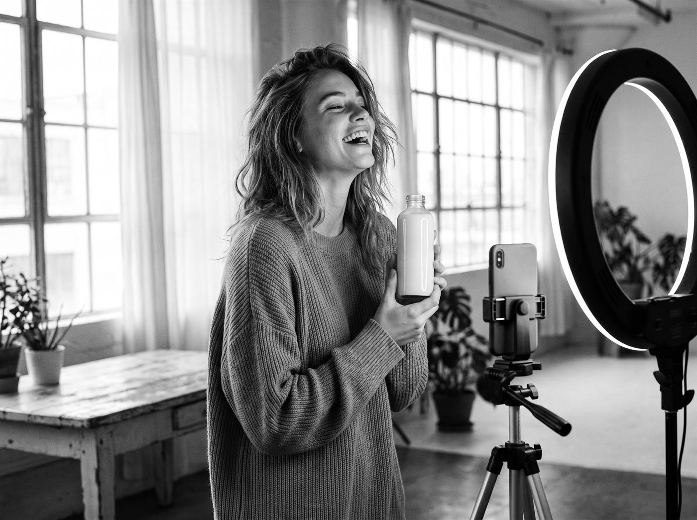 A laughing content creator holding a product bottle while filming on a phone with a ring light